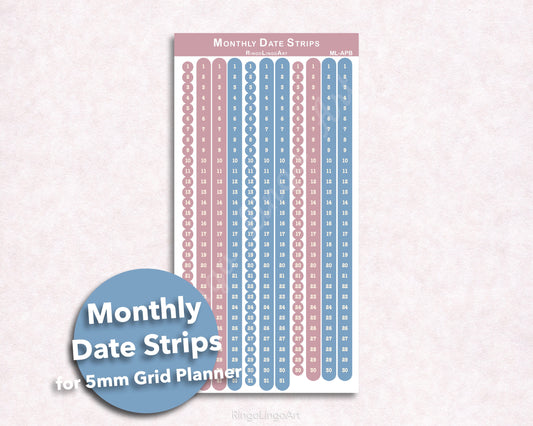 Monthly Date Strips for 5mm Grid Planner - Ash Pink and Blue