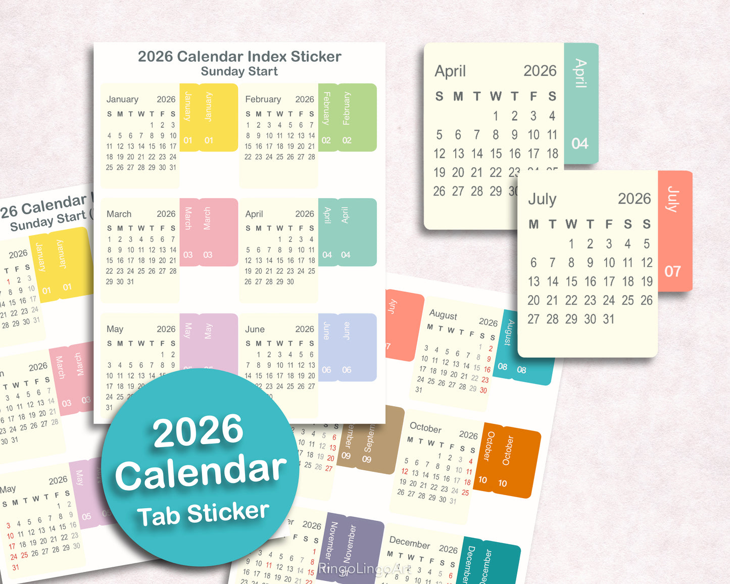 2026 Monthly Calendar Index Sticker