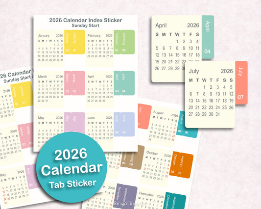 2026 Monthly Calendar Index Sticker