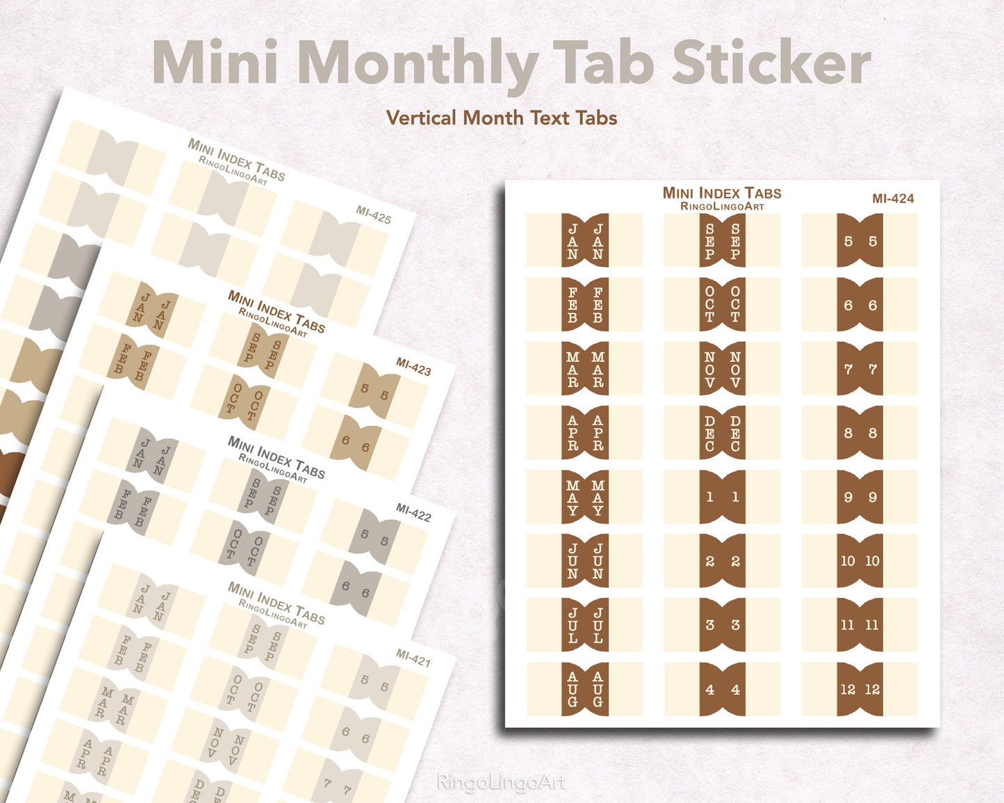 Vertical Text Mini Monthly Tabs - Neutral Tone (MI-42)
