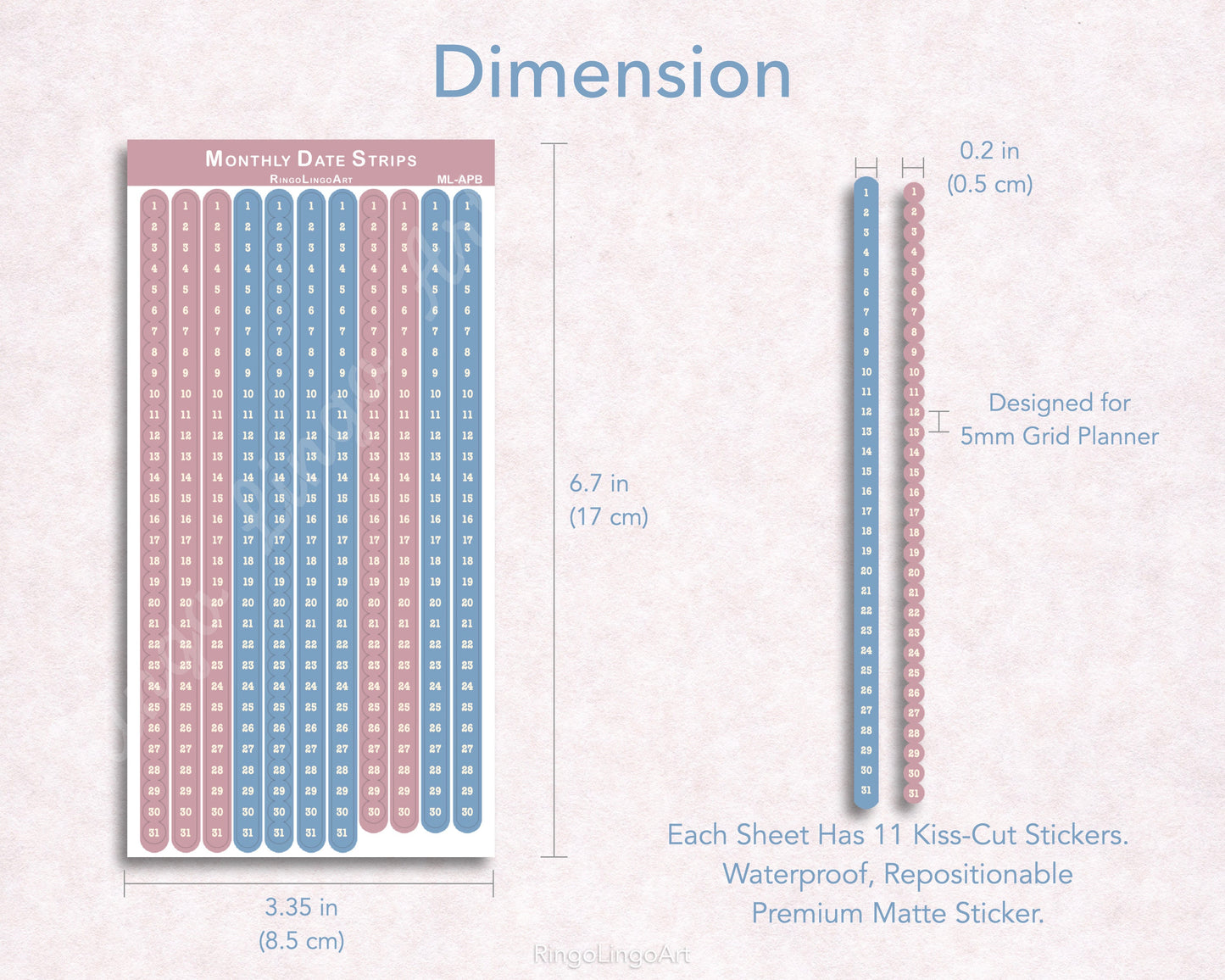 Monthly Date Strips for 5mm Grid Planner - Ash Pink and Blue