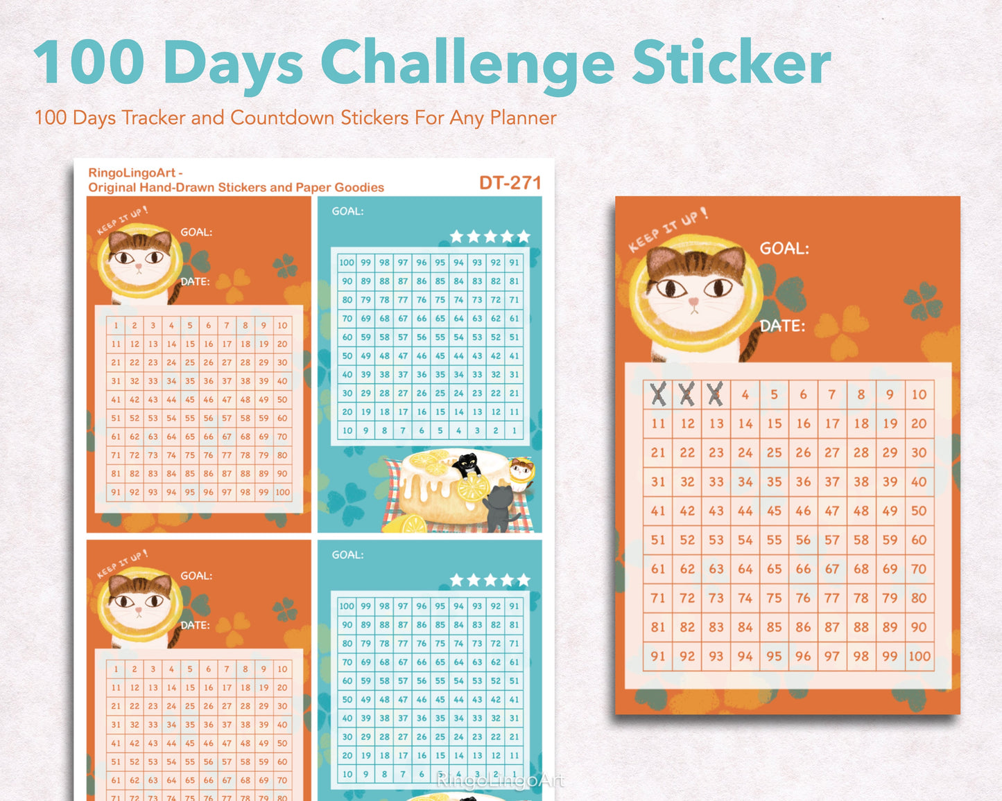 Challenge Tracker Sticker (100 Days) - Chiffon Cake Cat