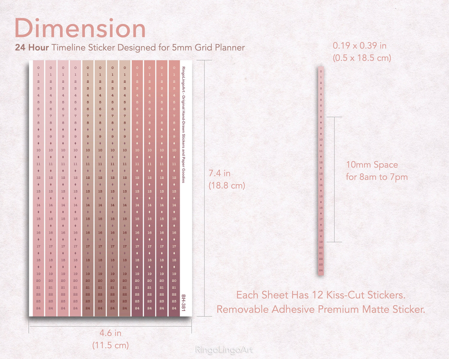 Time Strip Sticker for 5mm grid (24 | 18 Hour ) Neutral Pink