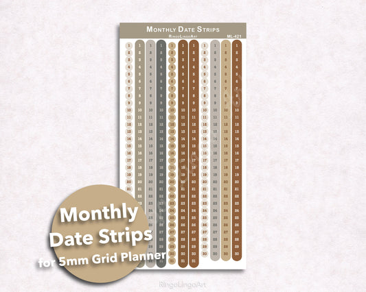 Monthly Date Strips for 5mm Grid Planner - Neutral Tone (ML-421)