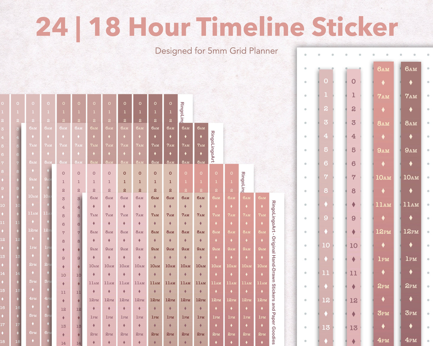 Time Strip Sticker for 5mm grid (24 | 18 Hour ) Neutral Pink