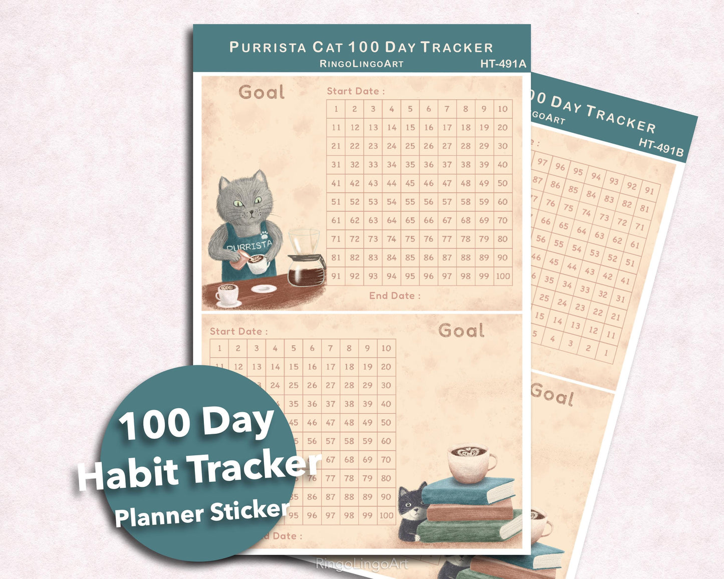 Challenge Tracker Sticker (100 Days) - Coffee and Cats