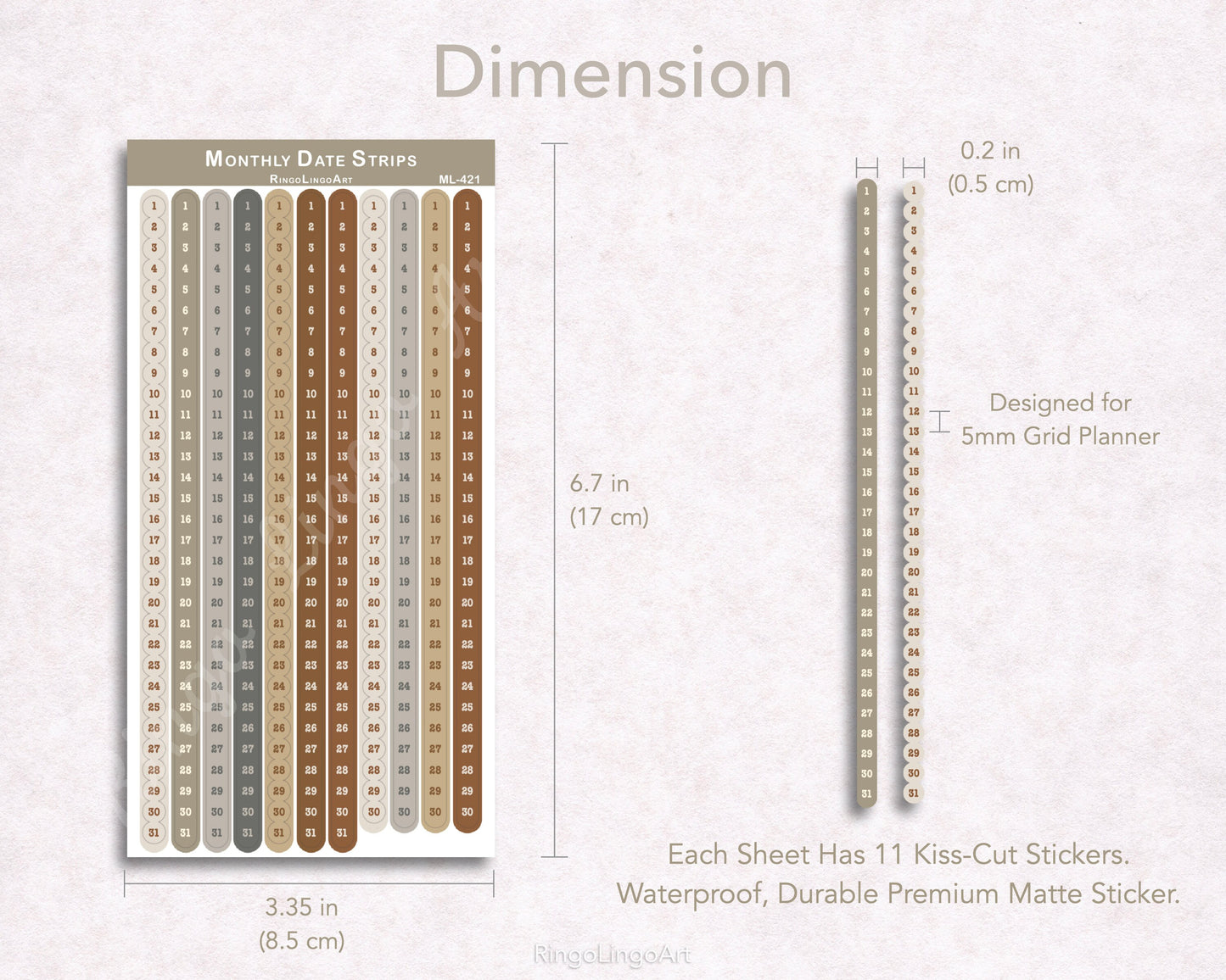 Monthly Date Strips for 5mm Grid Planner - Neutral Tone (ML-421)