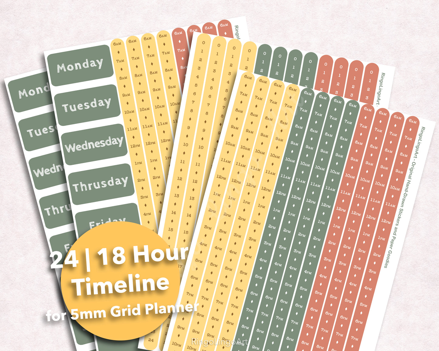 Time Strip Sticker for 5mm grid (24 | 18 hour) Autumn Color