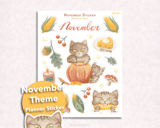 November Harvest Season Cat Sticker Sheet
