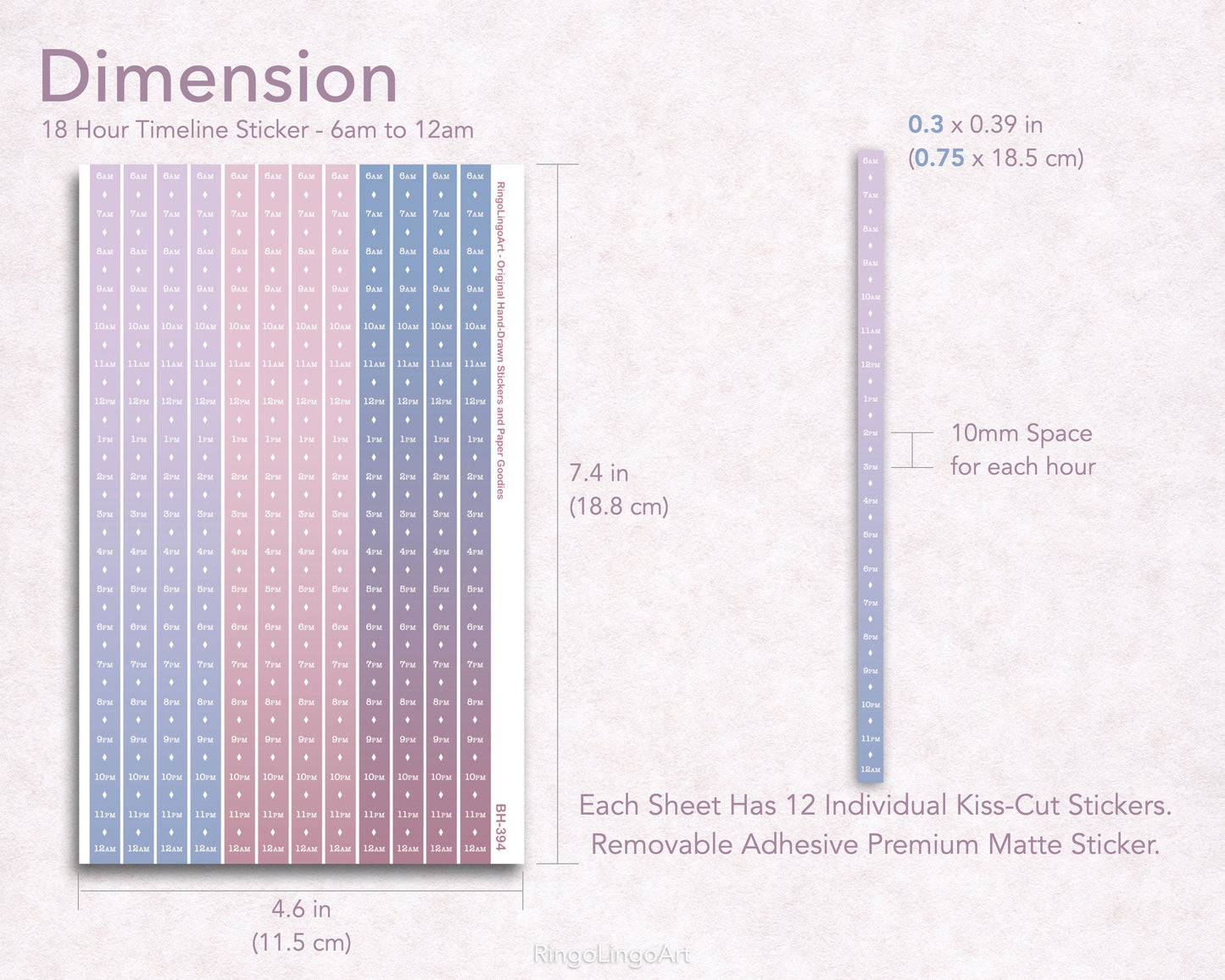 Time Strip Sticker for 5mm grid (24 | 18 Hour) Gradient Icy Mauve Color