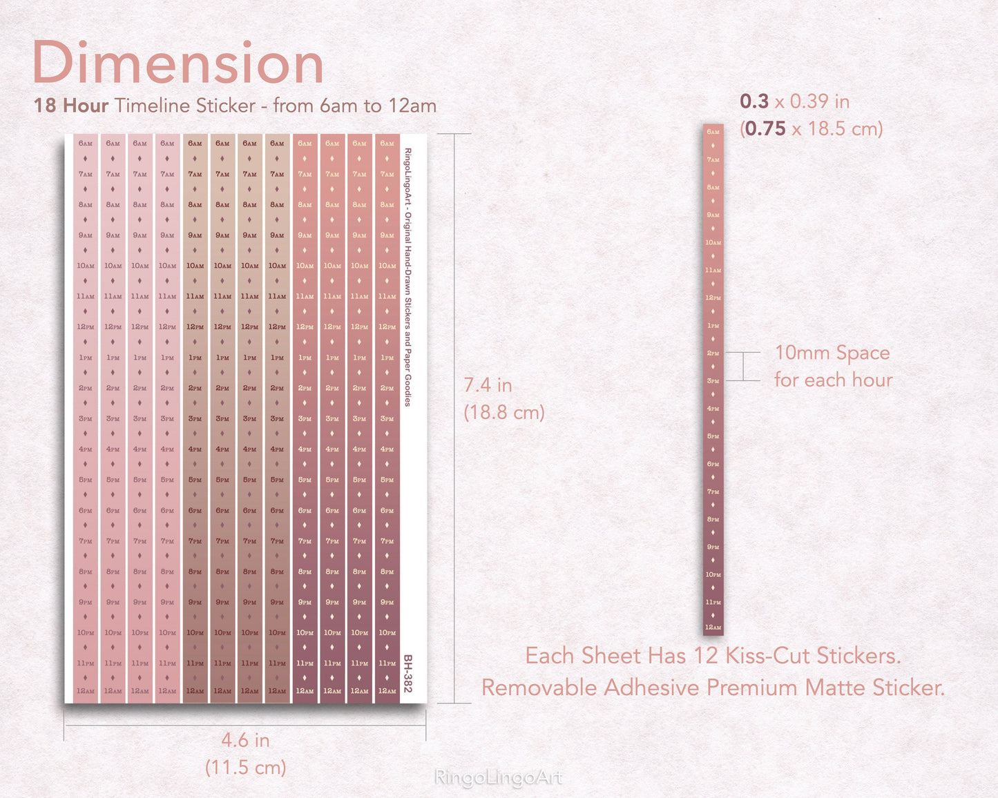 Time Strip Sticker for 5mm grid (24 | 18 Hour ) Neutral Pink
