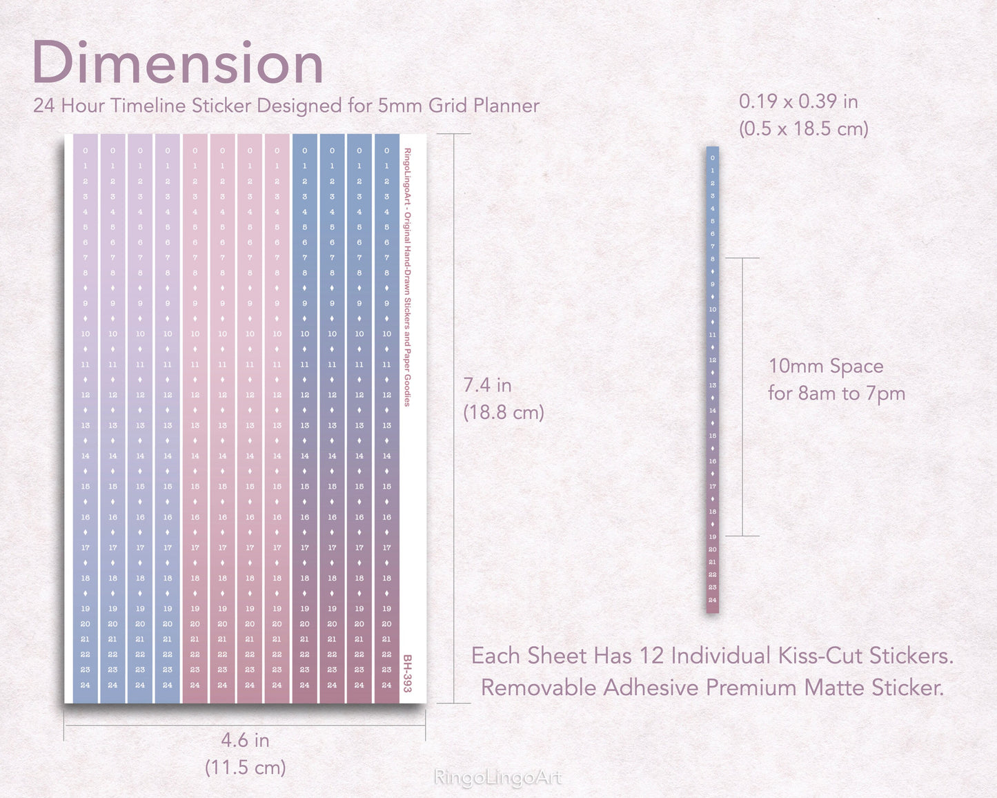 Time Strip Sticker for 5mm grid (24 | 18 Hour) Gradient Icy Mauve Color