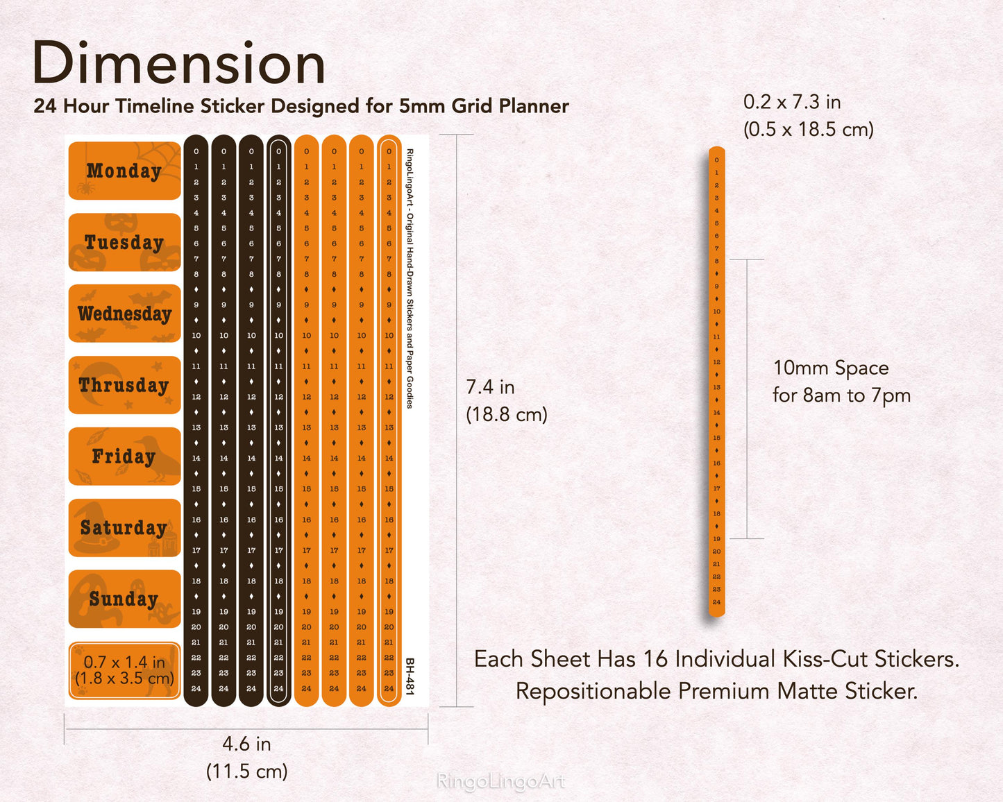 Time Strip Sticker for 5mm grid (24 | 18 hour) Halloween Color